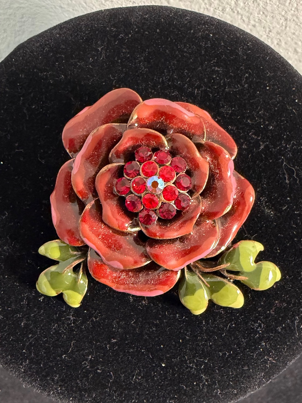 Vintage Red Enamel Rose Brooch with Green Leaves